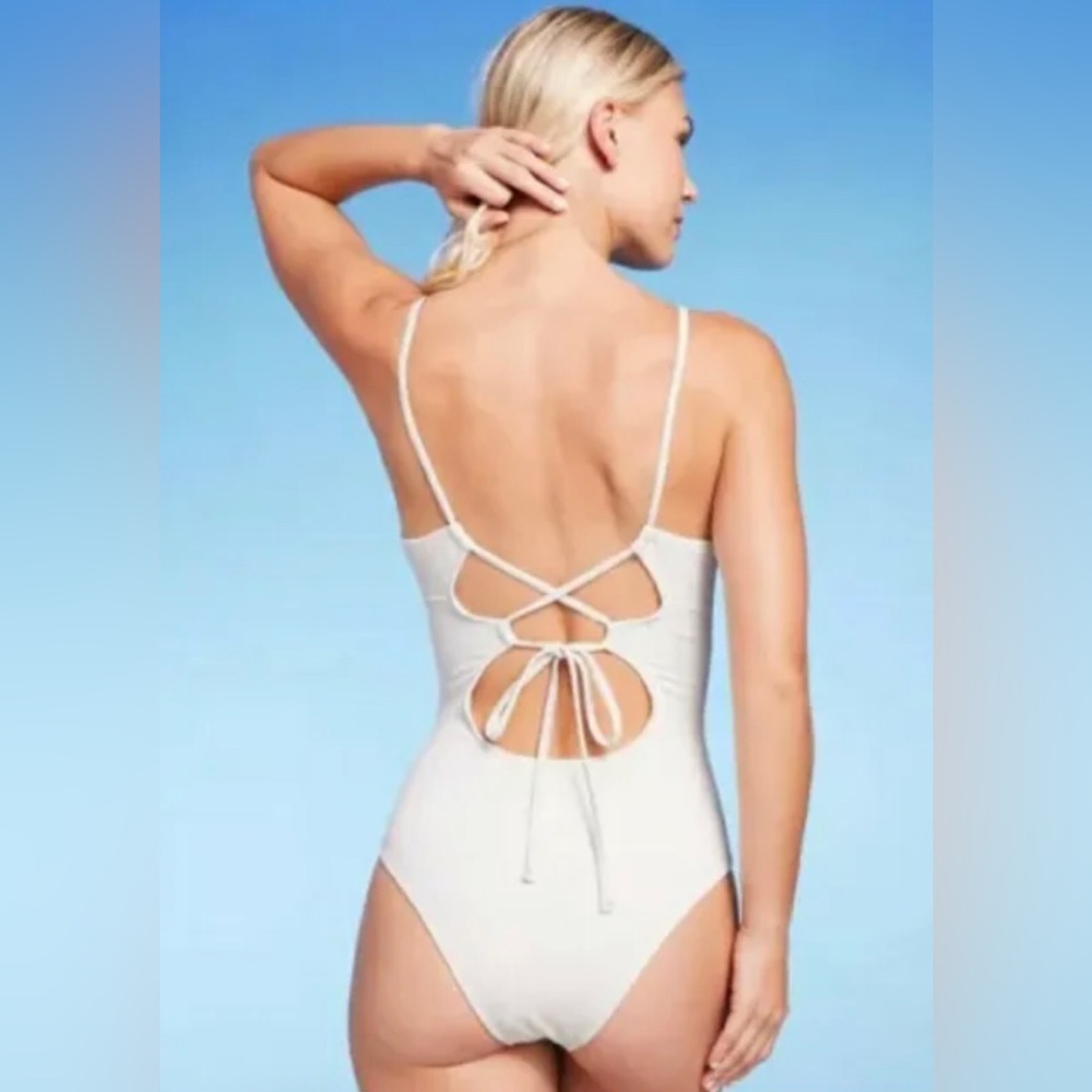 Shade & Shore White Double O-Ring w/Tie-Up Back 1-Piece Swimsuit L 12/14 New NWT - Picture 3 of 13